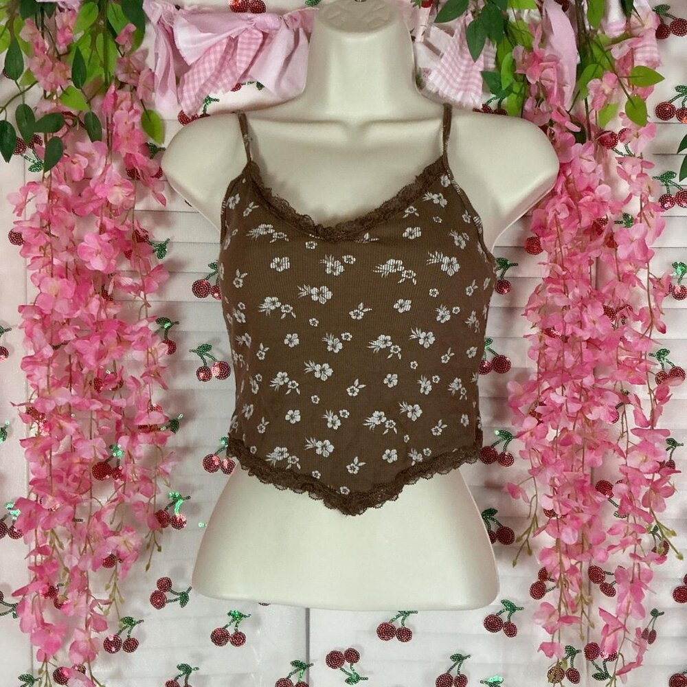 Brown Hollister Floral Lace Trim crop tank